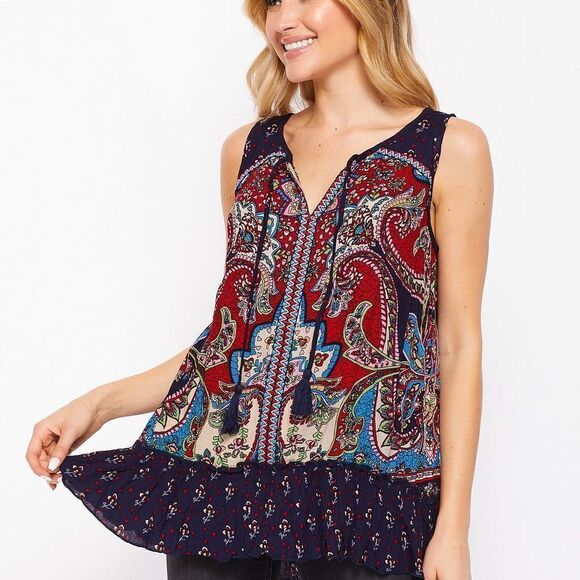 Bila jessica mixed paisley- boho V neck tassel top high low hem size Med - Picture 5 of 13